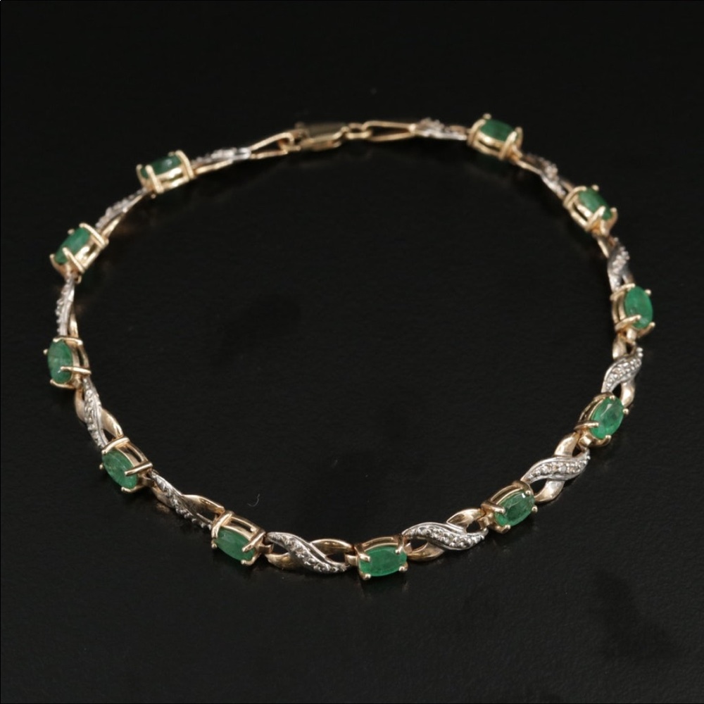 *10K Diamond Marquise Emerald Tennis Bracelet - Picture 2 of 8